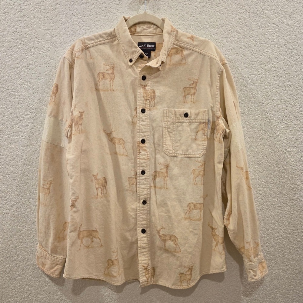Woolrich Mens Medium Cream Birch Deer Sketch Print Cotton Button Down Shirt LS
